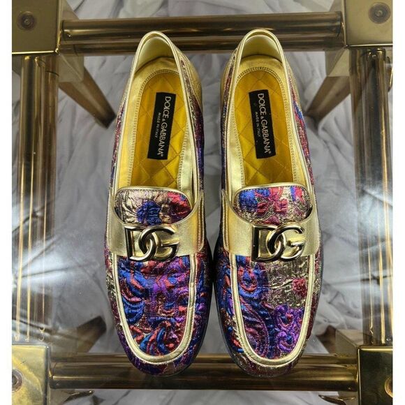 DOLCE & GABBANA Multicolor Jacquard Gold-Tone DG Logo Slip-On Loafers Si… - Picture 13 of 16